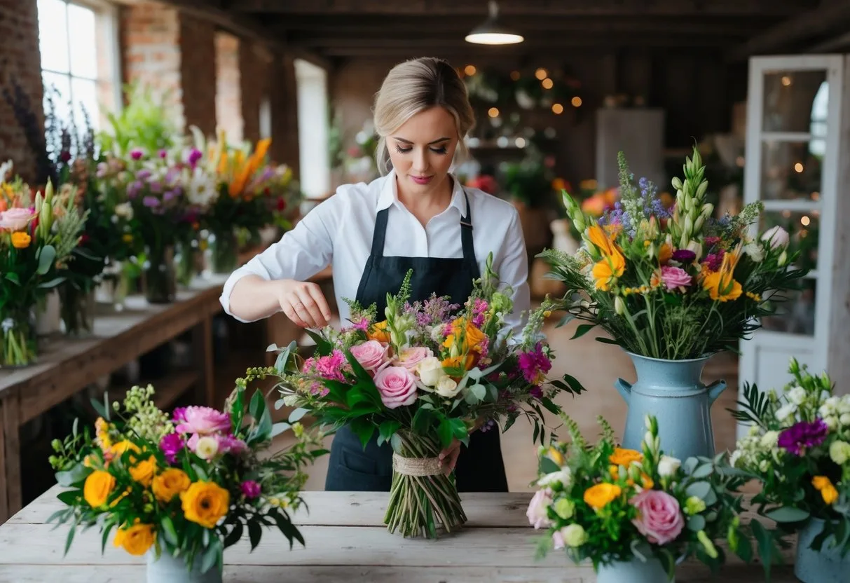 A florist arrangerer omhyggeligt levende blomster i en rustik bondegård i Jylland og skaber unikke øjeblikke med hver buket